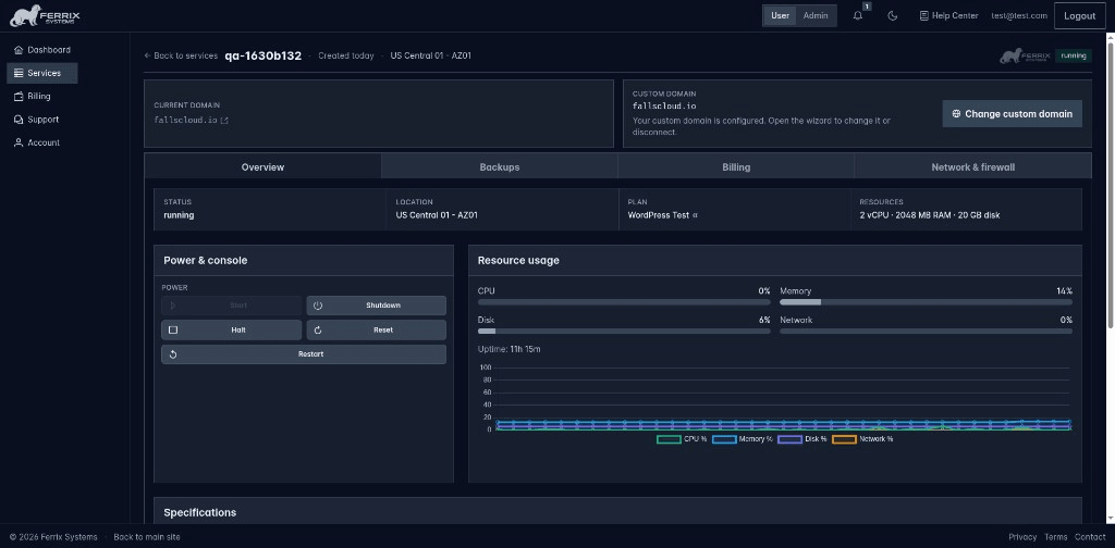 Screenshot of the Ferrix service dashboard for a WordPress Quick App