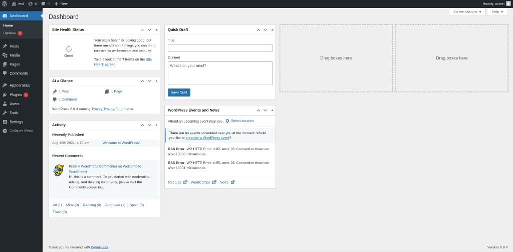 Screenshot of the WordPress admin dashboard after Quick App setup